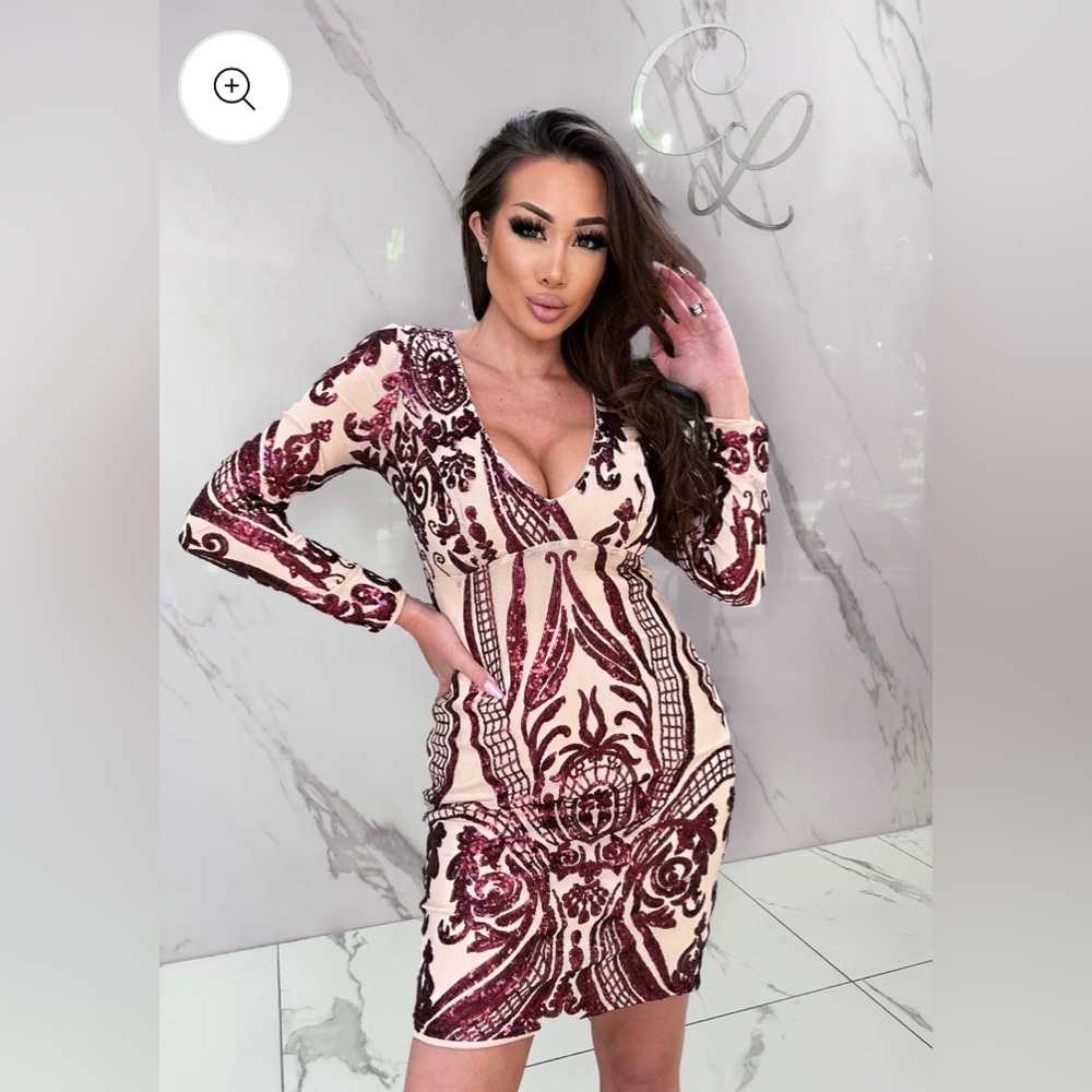 AKIRA Maroon and Beige Long Sleeve Dress